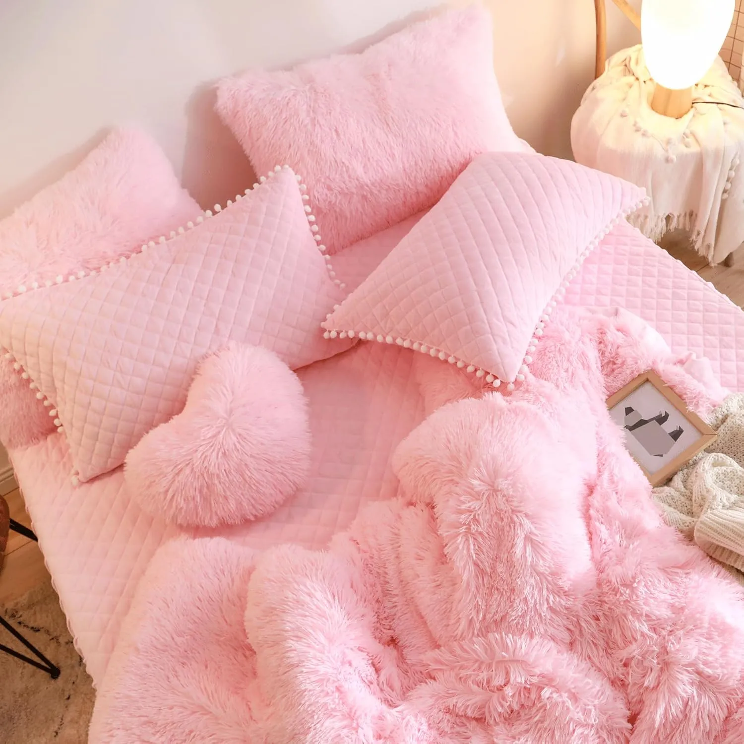 Fluffy Pink Comforter Cover Queen Set，Soft Faux Fur Furry Pink Bedding Sets 3 Pieces(1 Plush Duvet Cover  2 Shaggy Pillowcases) Fuzzy Bed Set, (Queen)