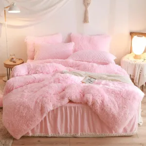 Fluffy Pink Comforter Cover Queen Set，Soft Faux Fur Furry Pink Bedding Sets 3 Pieces(1 Plush Duvet Cover  2 Shaggy Pillowcases) Fuzzy Bed Set, (Queen)