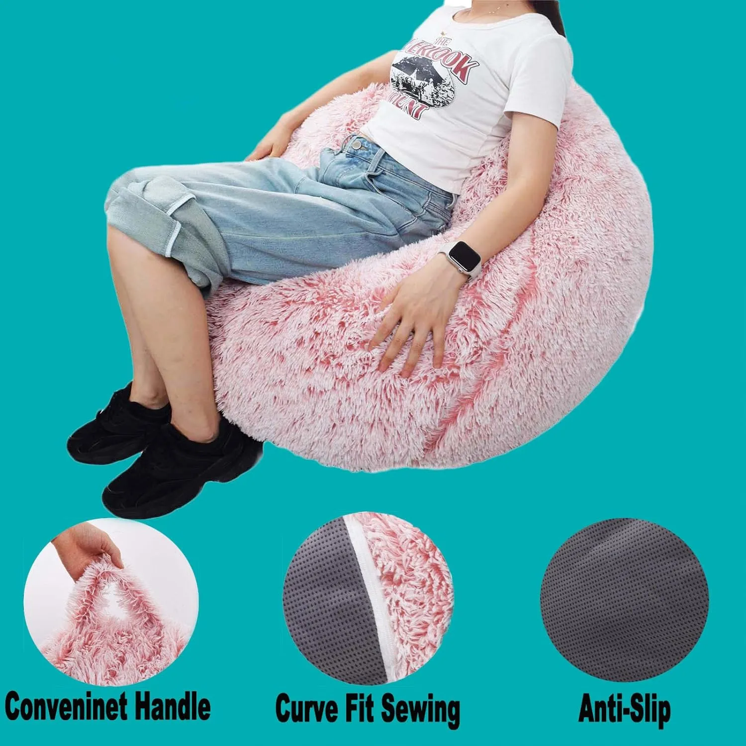 Fluffy Stuffed Animal Storage Bean Bag Chair Cover (No Filler), Faux Fur Comfy Bean Bag Cover for Organizing Plush Toys or Textile, for Adults Teens Kids Girls,Dusty Pink