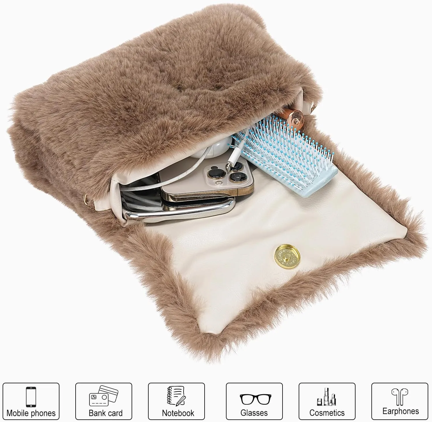 Fluffy Tote Bag for Woman Plush Shoulder Handbag Furry Faux Fur Purse for Winter