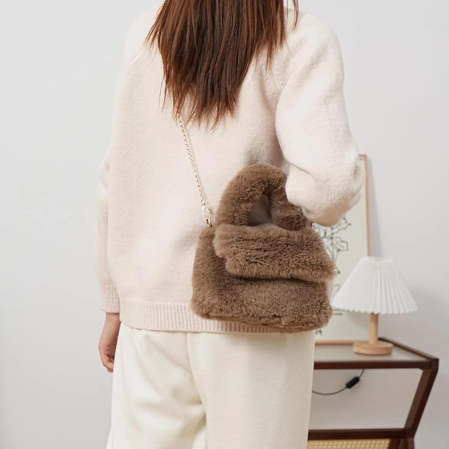 Fluffy Tote Bag for Woman Plush Shoulder Handbag Furry Faux Fur Purse for Winter