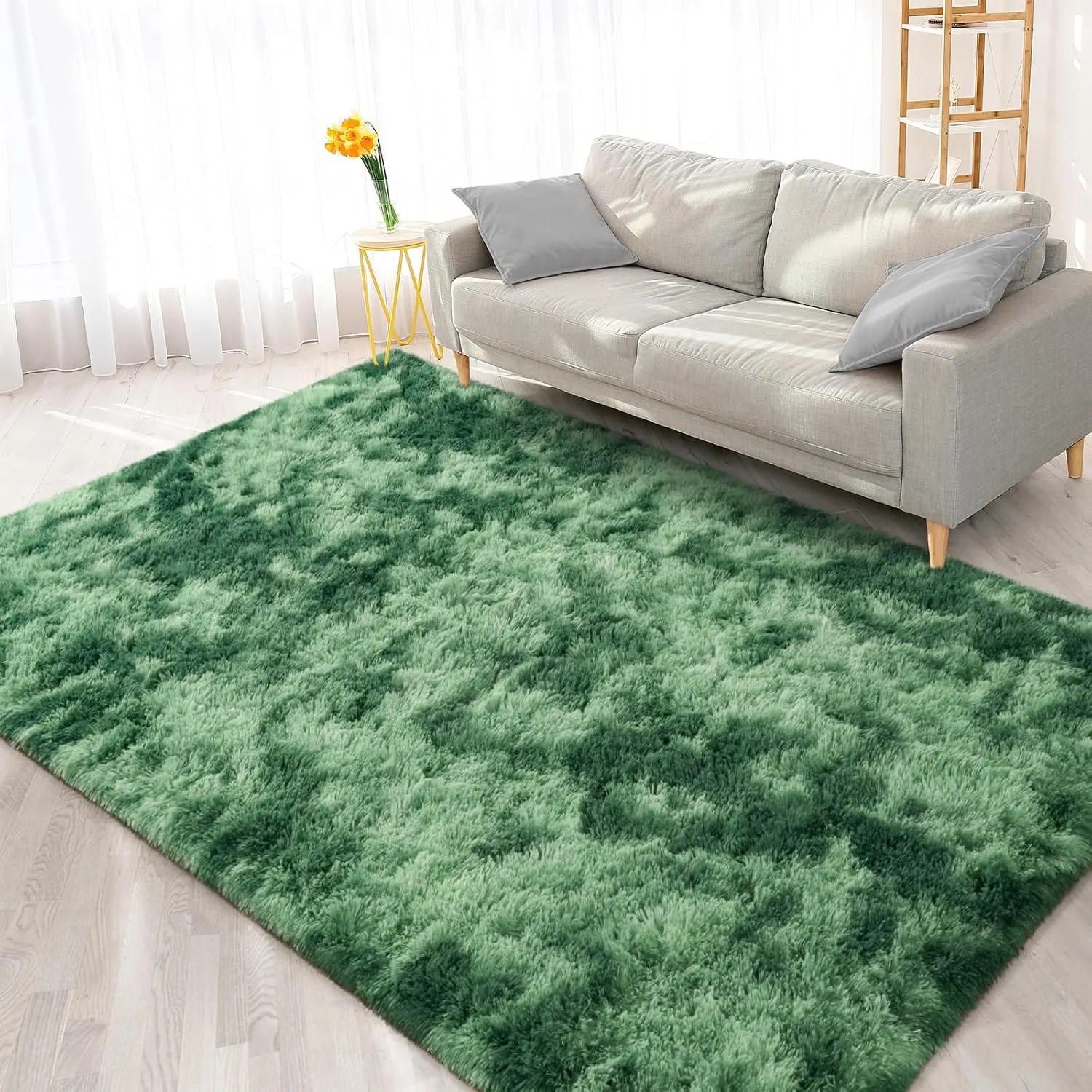 FlyDOIT Large Area Rugs for Living Room, 4x6 Feet Tie-Dyed Green Shaggy Rug Fluffy Throw Carpets, Ultra Soft Plush Modern Indoor Fuzzy Rugs for Bedroom Girls Kids Nursery Room Dorm Home Decor