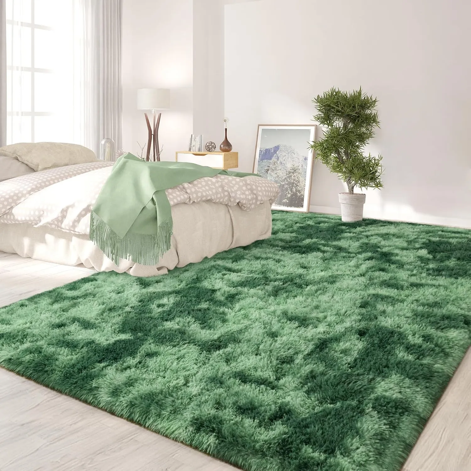 FlyDOIT Large Area Rugs for Living Room, 4x6 Feet Tie-Dyed Green Shaggy Rug Fluffy Throw Carpets, Ultra Soft Plush Modern Indoor Fuzzy Rugs for Bedroom Girls Kids Nursery Room Dorm Home Decor