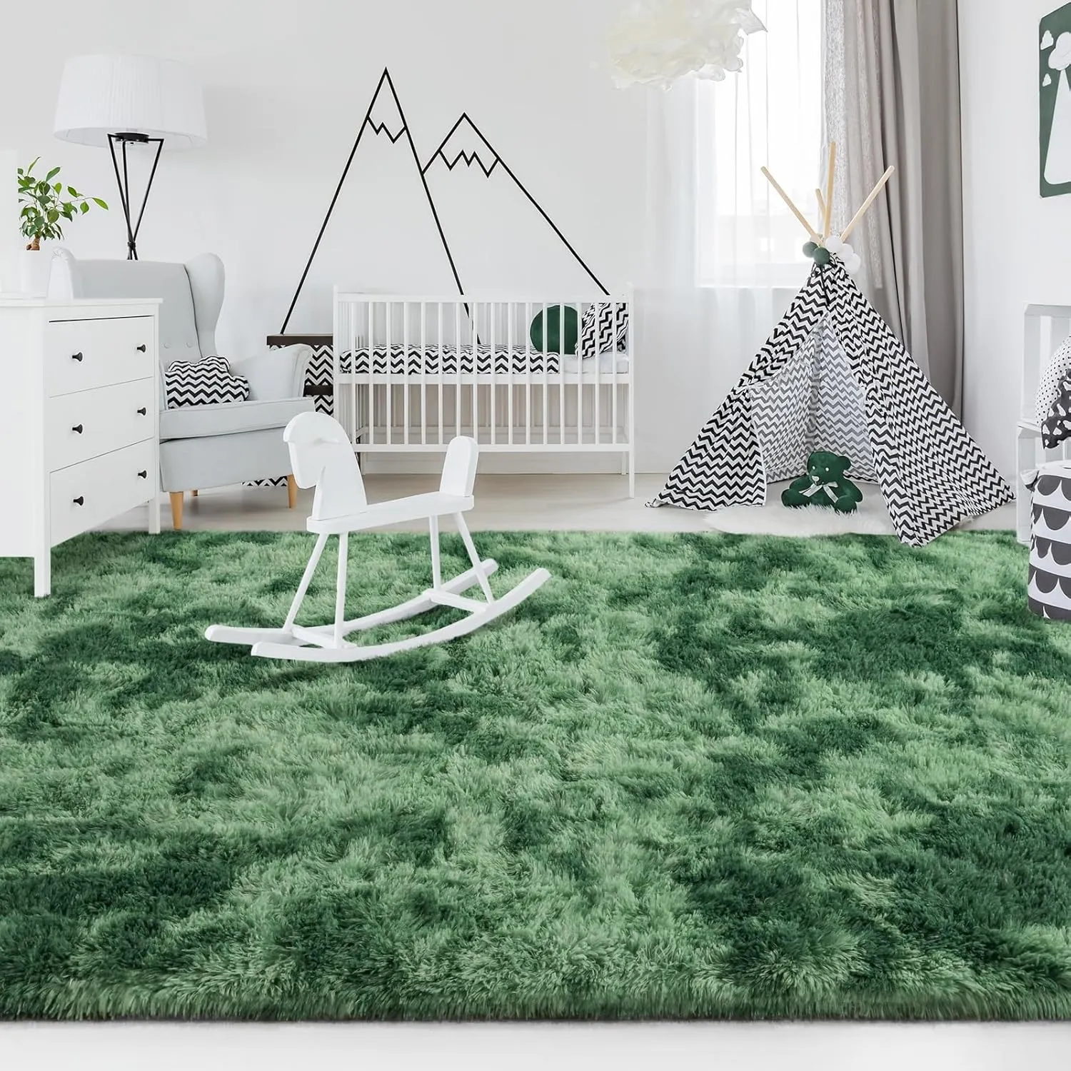 FlyDOIT Large Area Rugs for Living Room, 4x6 Feet Tie-Dyed Green Shaggy Rug Fluffy Throw Carpets, Ultra Soft Plush Modern Indoor Fuzzy Rugs for Bedroom Girls Kids Nursery Room Dorm Home Decor