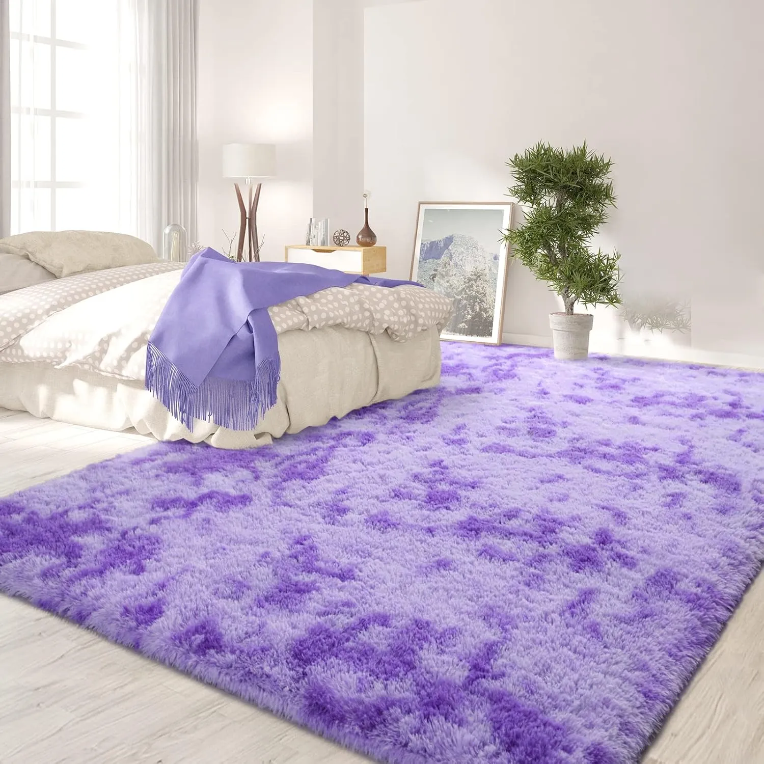 FlyDOIT Purple Tie-Dyed Large Rugs for Living Room, 4x6 Feet Shaggy Rug Fluffy Throw Carpets, Ultra Soft Plush Modern Indoor Fuzzy Rugs for Bedroom Girls Kids Nursery Room Dorm Home Decor
