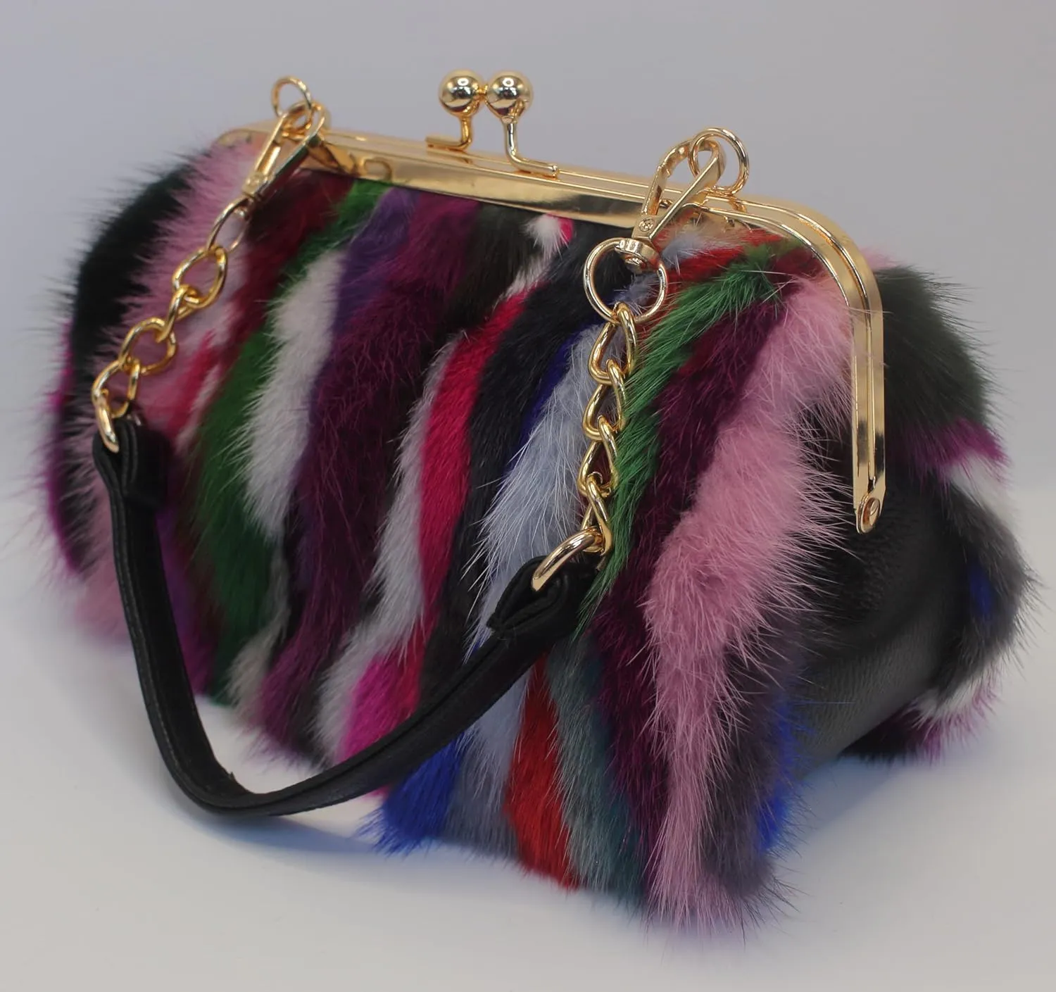 Fosrion Elegant Chic Two-Strap Multicolored Mink Fur Handbag with Chain Featuring Metal Clasp Autumn/Winter Collection