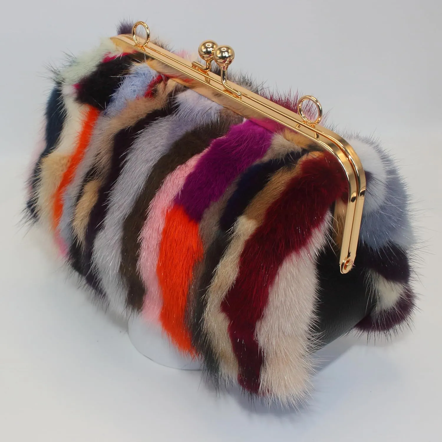 Fosrion Elegant Chic Two-Strap Multicolored Mink Fur Handbag with Chain Featuring Metal Clasp Autumn/Winter Collection
