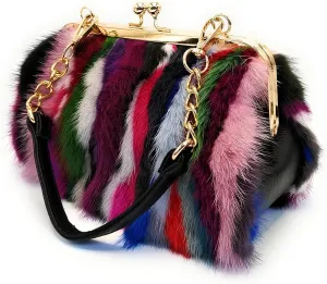 Fosrion Elegant Chic Two-Strap Multicolored Mink Fur Handbag with Chain Featuring Metal Clasp Autumn/Winter Collection