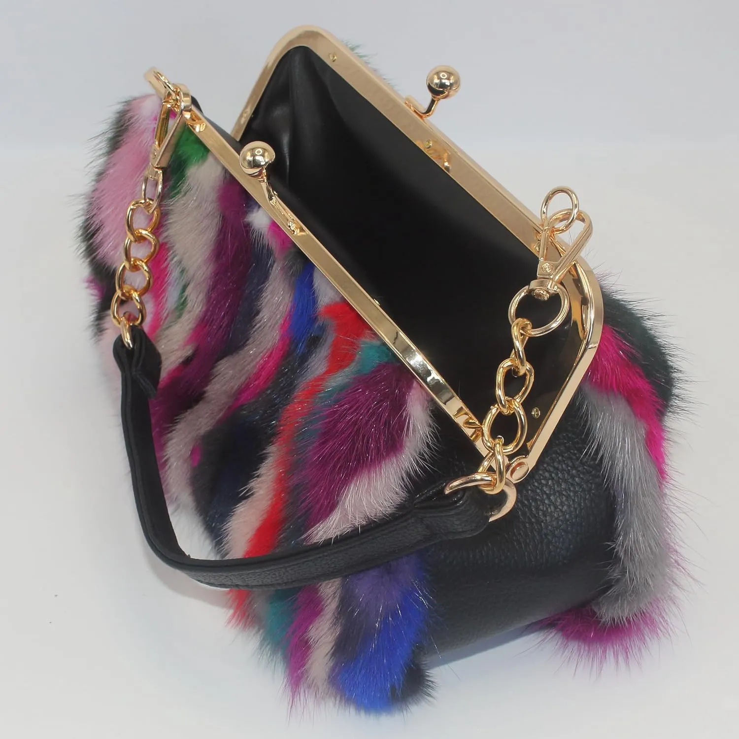 Fosrion Elegant Chic Two-Strap Multicolored Mink Fur Handbag with Chain Featuring Metal Clasp Autumn/Winter Collection