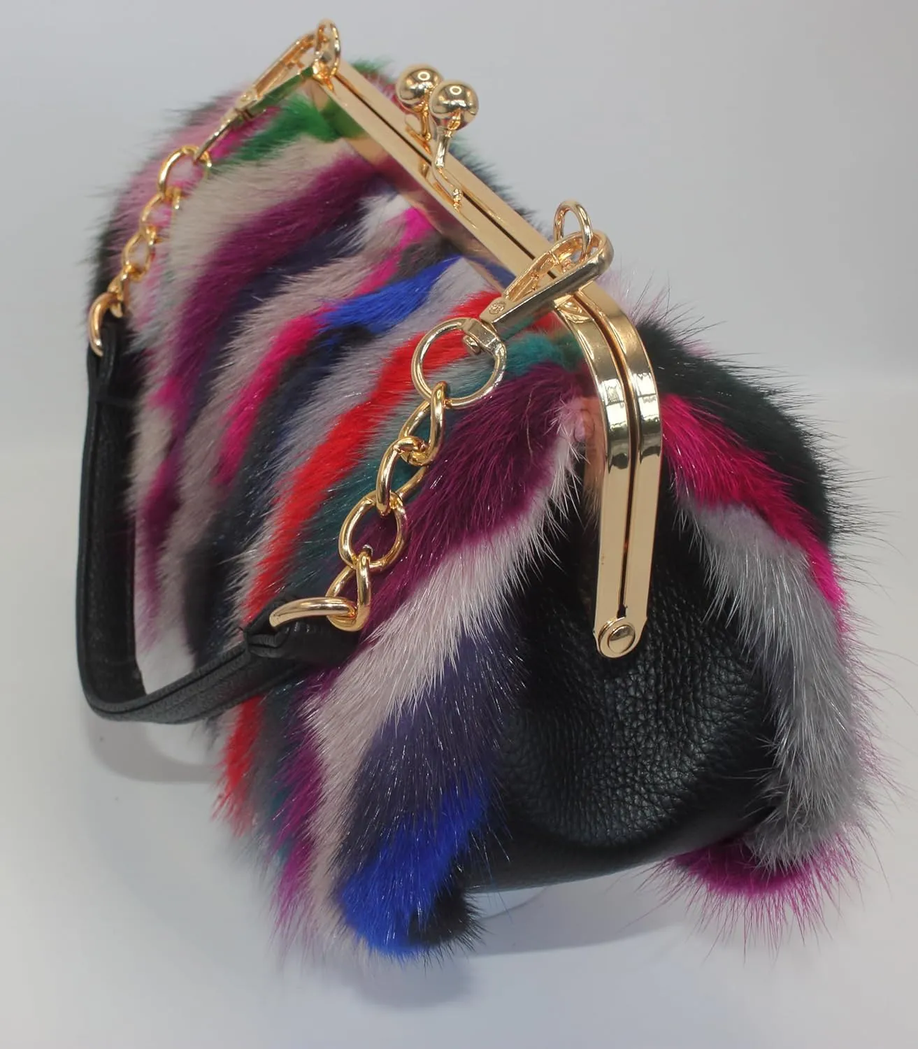 Fosrion Elegant Chic Two-Strap Multicolored Mink Fur Handbag with Chain Featuring Metal Clasp Autumn/Winter Collection
