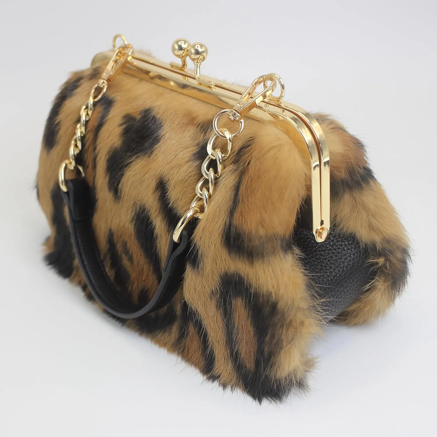 Fosrion Elegant Leopard Print Rex Rabbit Fur Handbag with Interchangeable Straps for Women, Versatile Clutch and Shoulder Bag