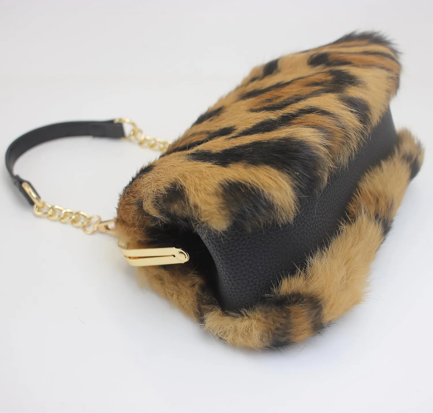 Fosrion Elegant Leopard Print Rex Rabbit Fur Handbag with Interchangeable Straps for Women, Versatile Clutch and Shoulder Bag