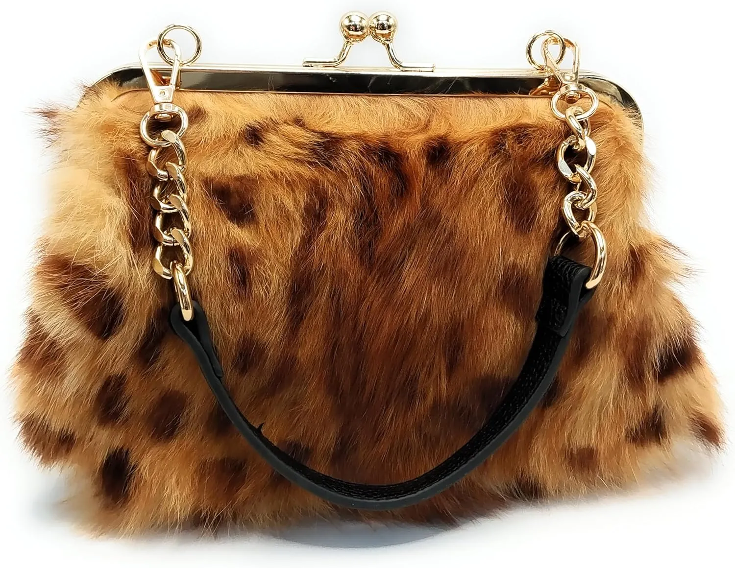 Fosrion Elegant Leopard Print Rex Rabbit Fur Handbag with Interchangeable Straps for Women, Versatile Clutch and Shoulder Bag