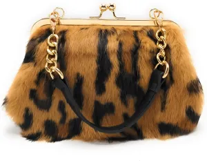 Fosrion Elegant Leopard Print Rex Rabbit Fur Handbag with Interchangeable Straps for Women, Versatile Clutch and Shoulder Bag