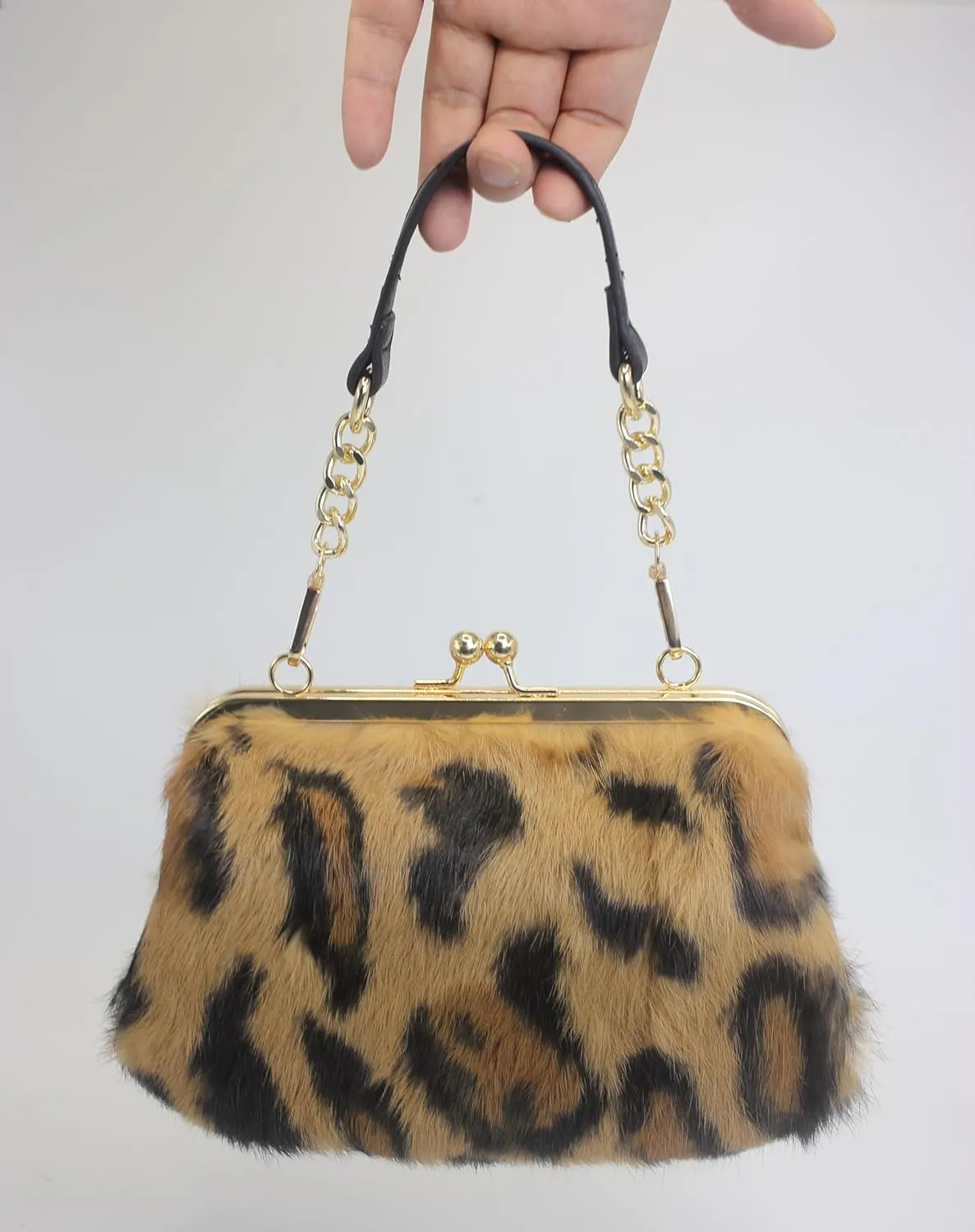 Fosrion Elegant Leopard Print Rex Rabbit Fur Handbag with Interchangeable Straps for Women, Versatile Clutch and Shoulder Bag
