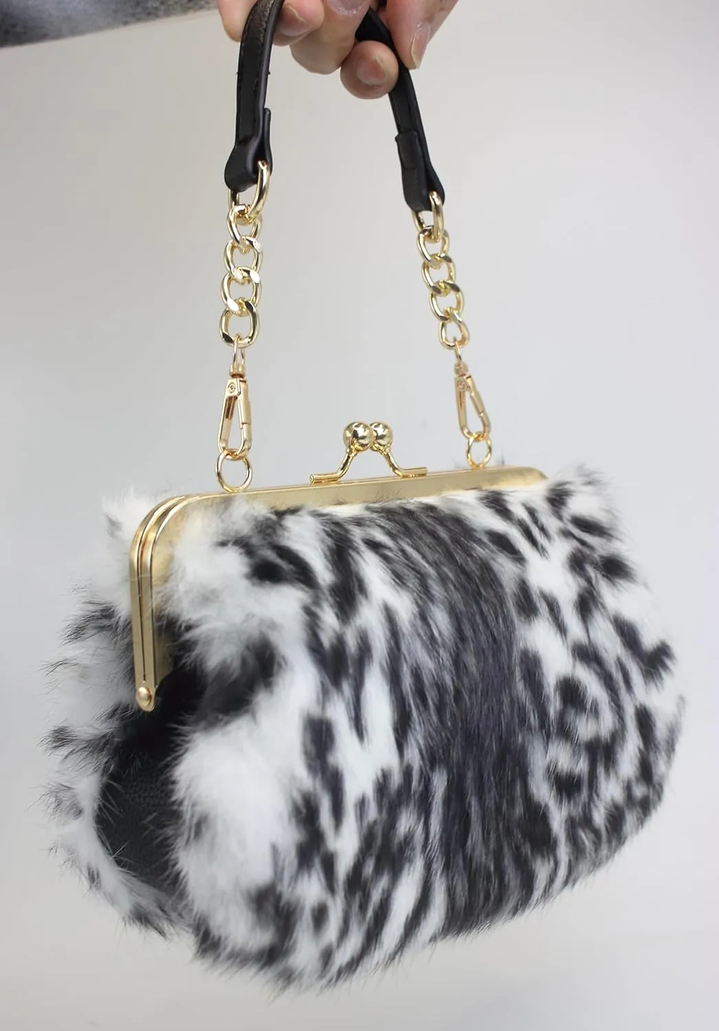 Fosrion Elegant Leopard Print Rex Rabbit Fur Handbag with Interchangeable Straps for Women, Versatile Clutch and Shoulder Bag
