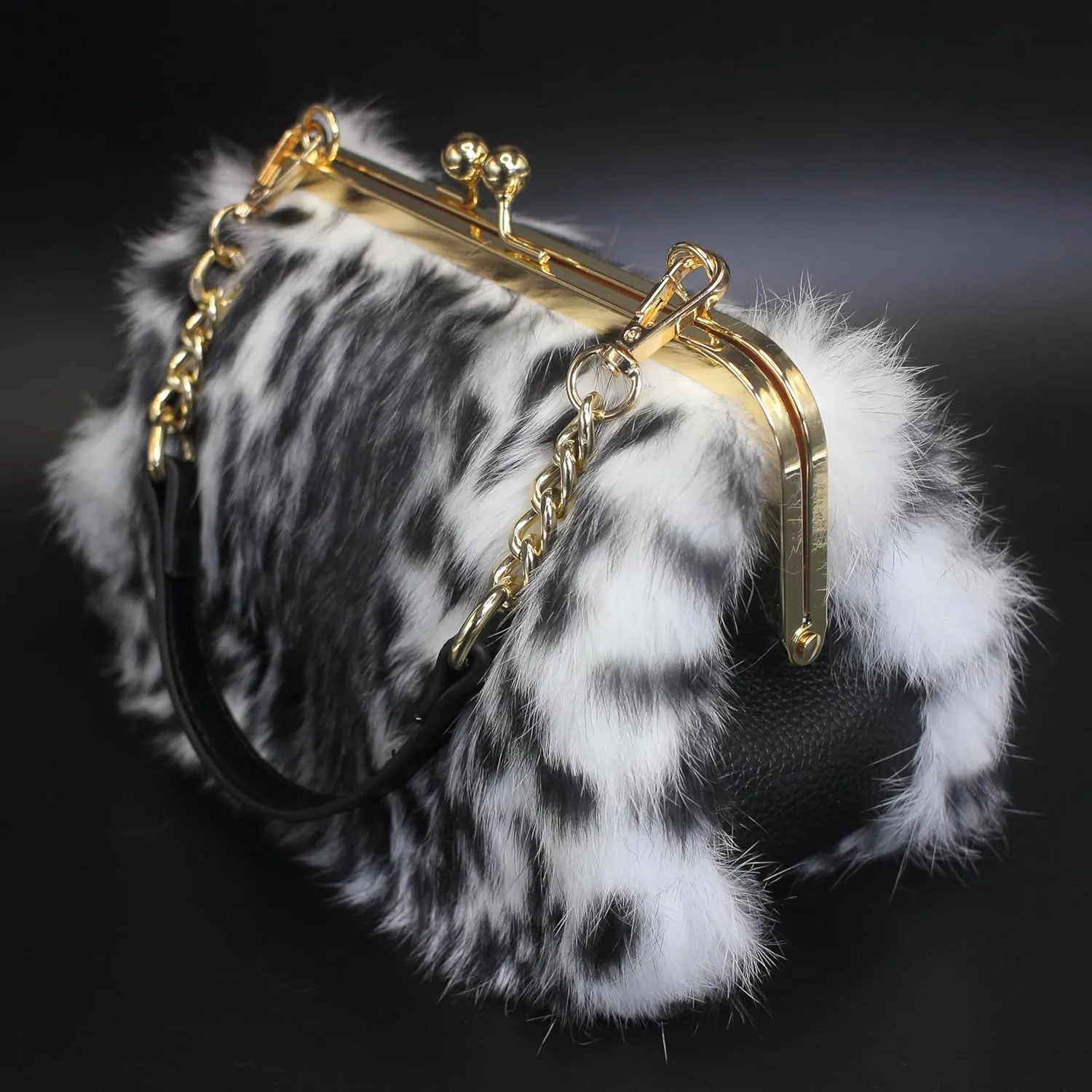 Fosrion Elegant Leopard Print Rex Rabbit Fur Handbag with Interchangeable Straps for Women, Versatile Clutch and Shoulder Bag