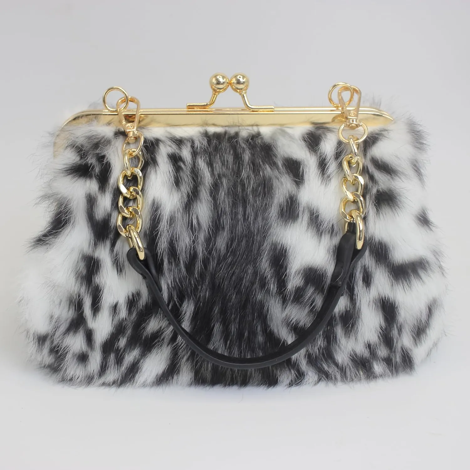Fosrion Elegant Leopard Print Rex Rabbit Fur Handbag with Interchangeable Straps for Women, Versatile Clutch and Shoulder Bag