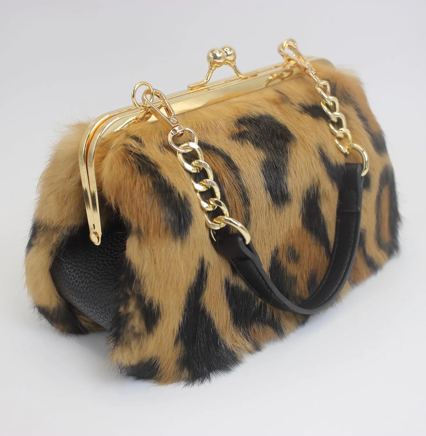Fosrion Elegant Leopard Print Rex Rabbit Fur Handbag with Interchangeable Straps for Women, Versatile Clutch and Shoulder Bag