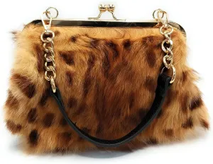 Fosrion Elegant Leopard Print Rex Rabbit Fur Handbag with Interchangeable Straps for Women, Versatile Clutch and Shoulder Bag