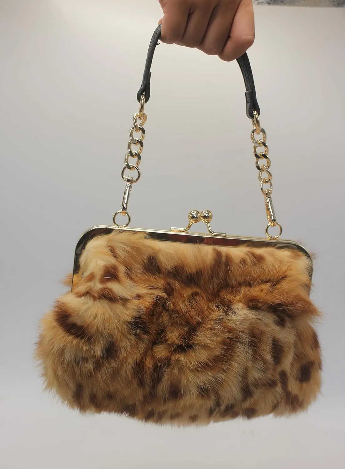 Fosrion Elegant Leopard Print Rex Rabbit Fur Handbag with Interchangeable Straps for Women, Versatile Clutch and Shoulder Bag