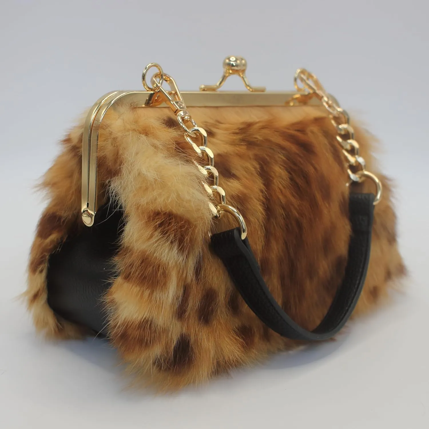 Fosrion Elegant Leopard Print Rex Rabbit Fur Handbag with Interchangeable Straps for Women, Versatile Clutch and Shoulder Bag