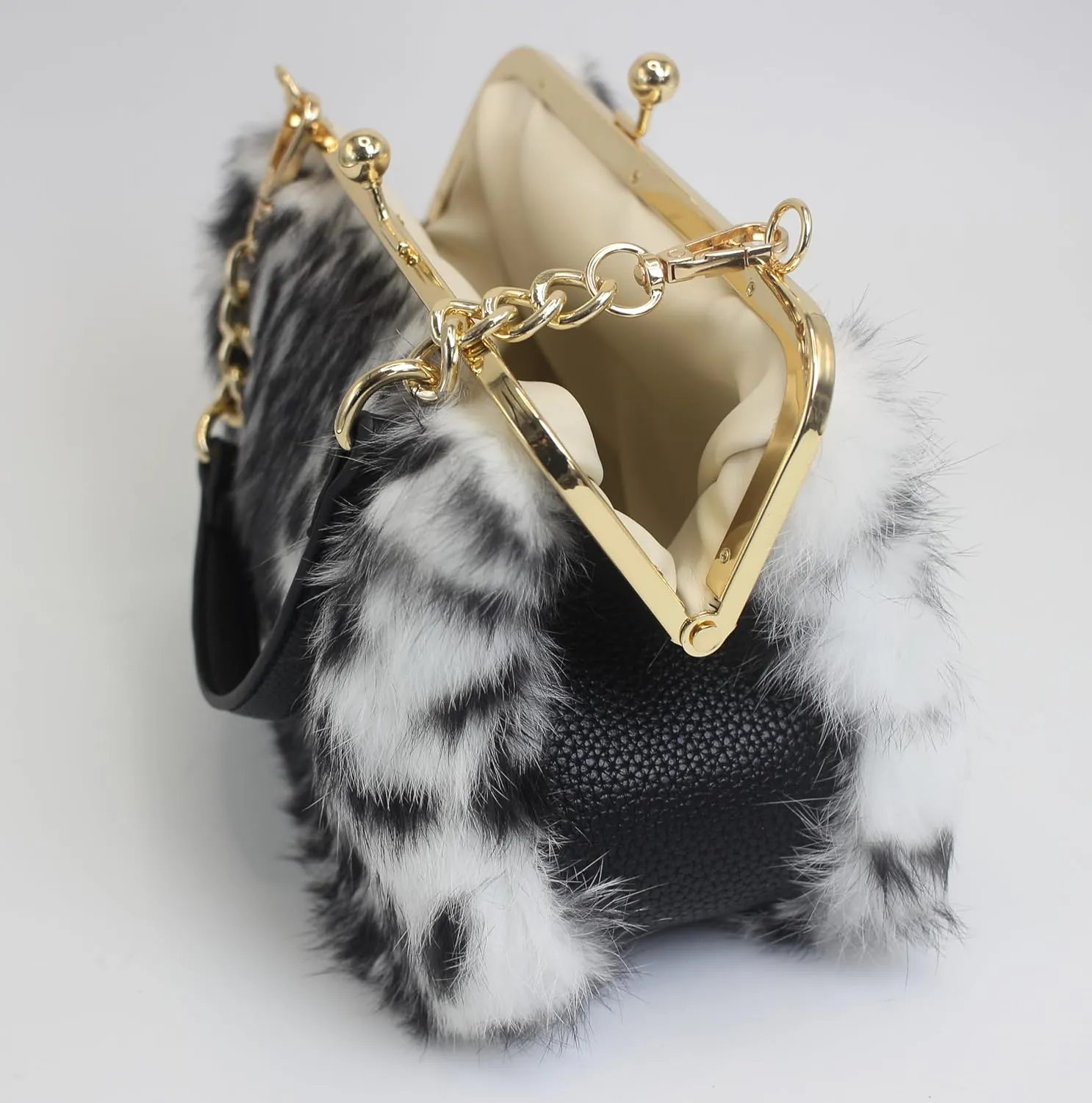 Fosrion Elegant Leopard Print Rex Rabbit Fur Handbag with Interchangeable Straps for Women, Versatile Clutch and Shoulder Bag