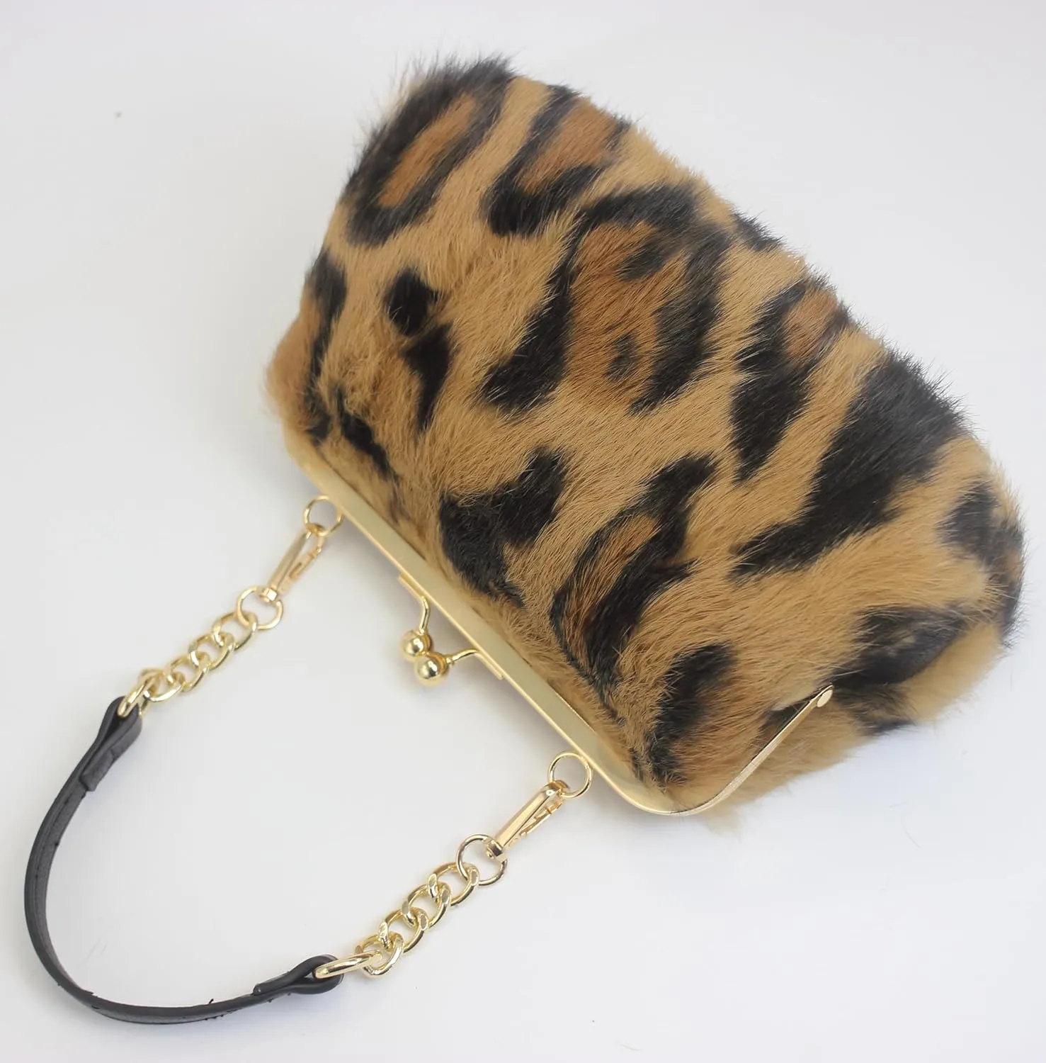 Fosrion Elegant Leopard Print Rex Rabbit Fur Handbag with Interchangeable Straps for Women, Versatile Clutch and Shoulder Bag