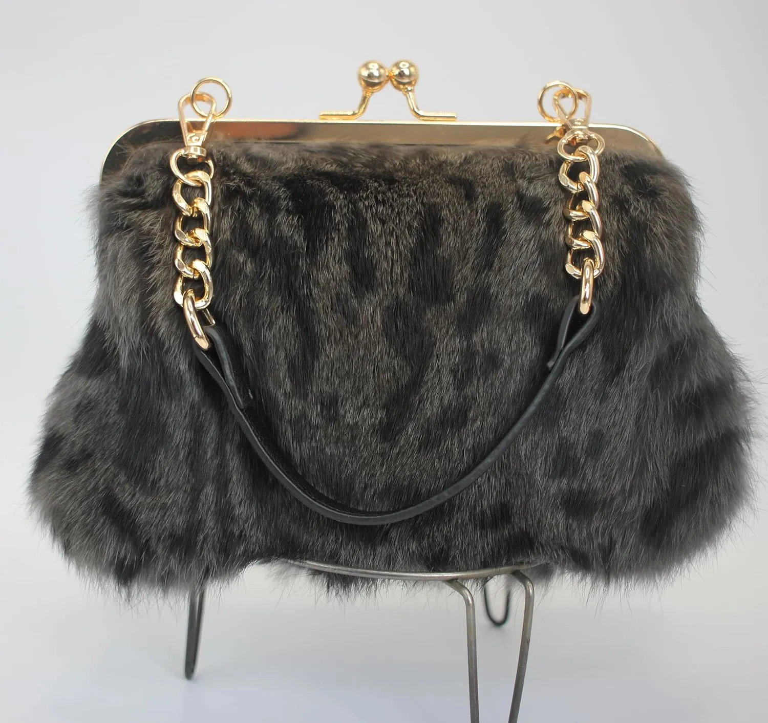 Fosrion Elegant Leopard Print Rex Rabbit Fur Handbag with Interchangeable Straps for Women, Versatile Clutch and Shoulder Bag