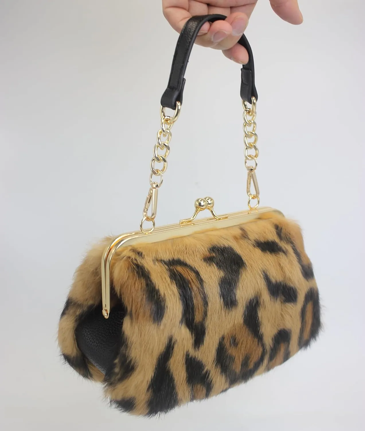 Fosrion Elegant Leopard Print Rex Rabbit Fur Handbag with Interchangeable Straps for Women, Versatile Clutch and Shoulder Bag