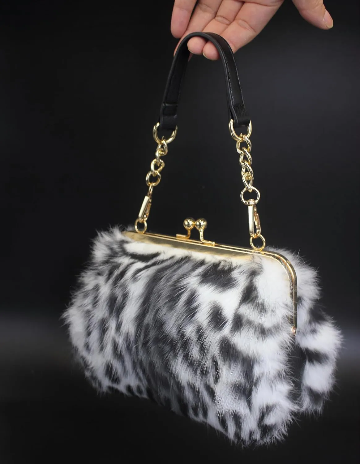 Fosrion Elegant Leopard Print Rex Rabbit Fur Handbag with Interchangeable Straps for Women, Versatile Clutch and Shoulder Bag