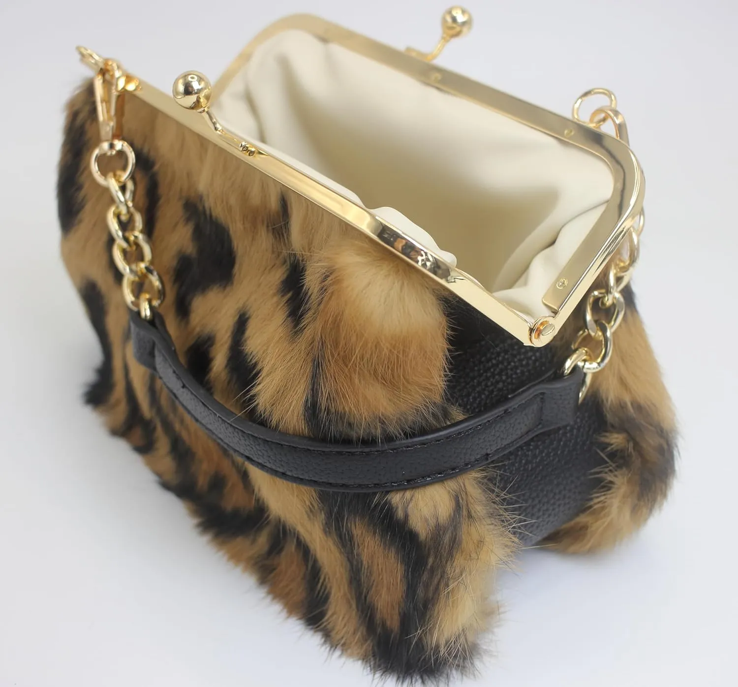 Fosrion Elegant Leopard Print Rex Rabbit Fur Handbag with Interchangeable Straps for Women, Versatile Clutch and Shoulder Bag