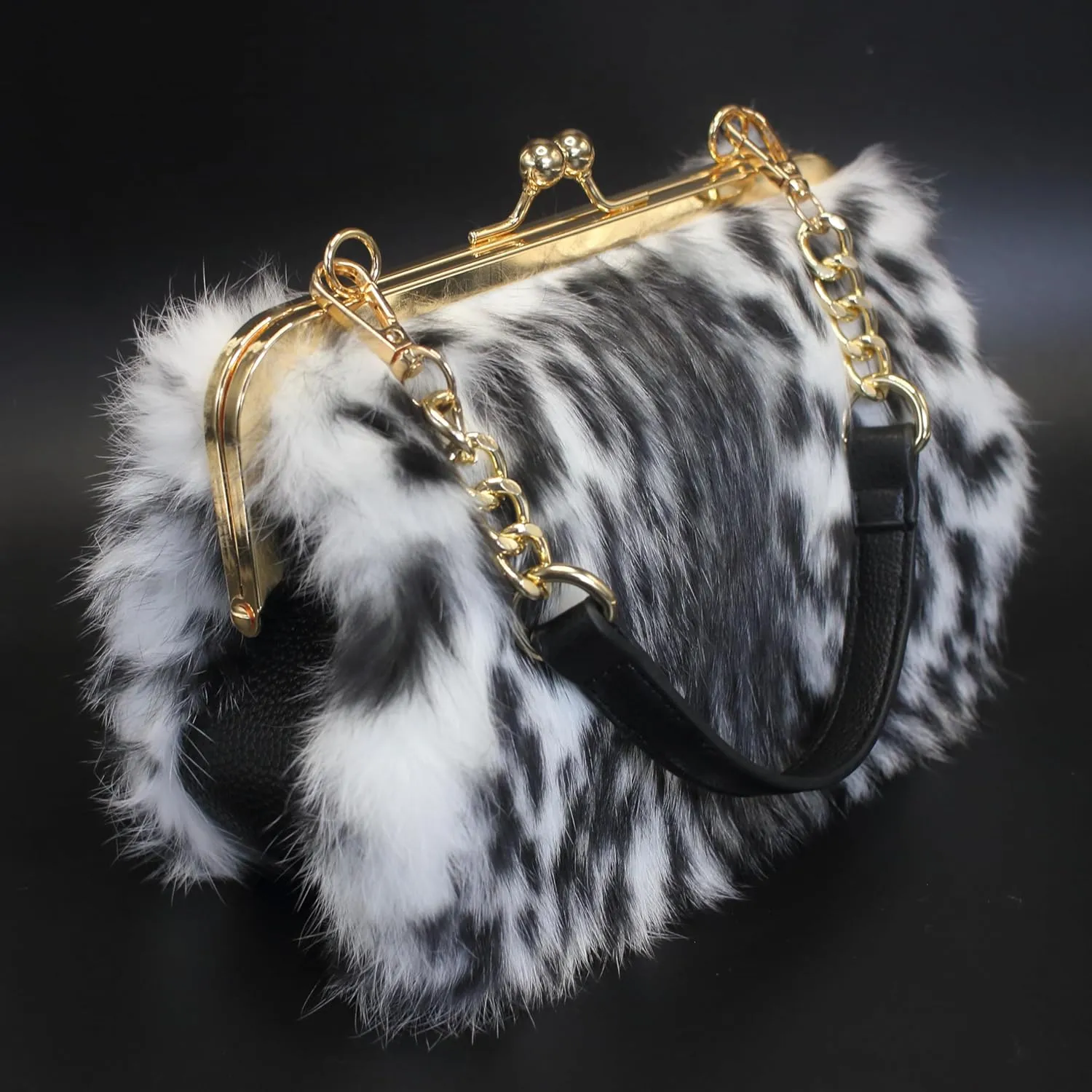 Fosrion Elegant Leopard Print Rex Rabbit Fur Handbag with Interchangeable Straps for Women, Versatile Clutch and Shoulder Bag
