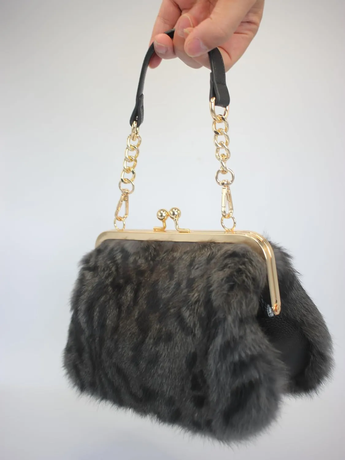 Fosrion Elegant Leopard Print Rex Rabbit Fur Handbag with Interchangeable Straps for Women, Versatile Clutch and Shoulder Bag
