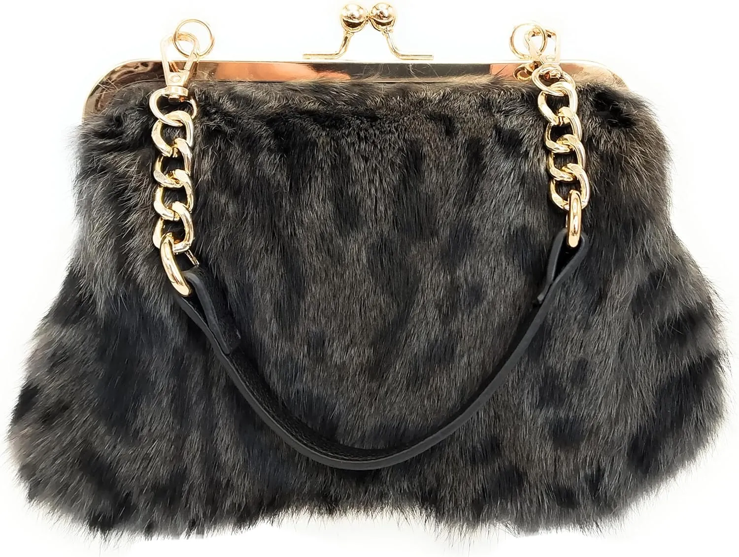 Fosrion Elegant Leopard Print Rex Rabbit Fur Handbag with Interchangeable Straps for Women, Versatile Clutch and Shoulder Bag