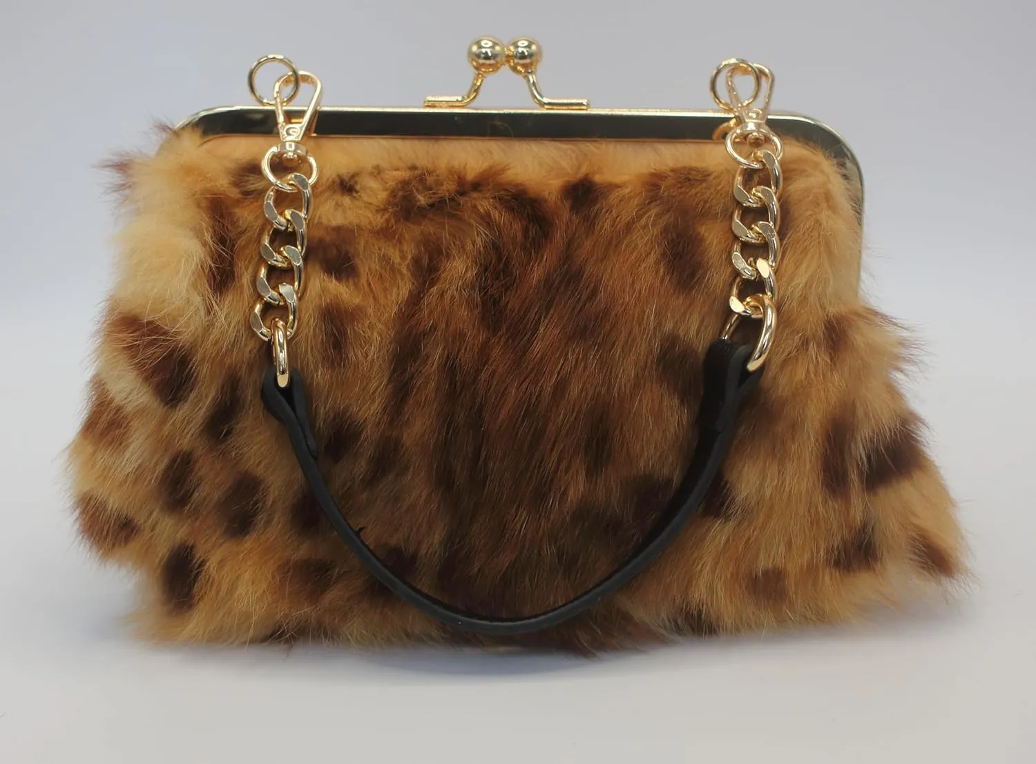 Fosrion Elegant Leopard Print Rex Rabbit Fur Handbag with Interchangeable Straps for Women, Versatile Clutch and Shoulder Bag