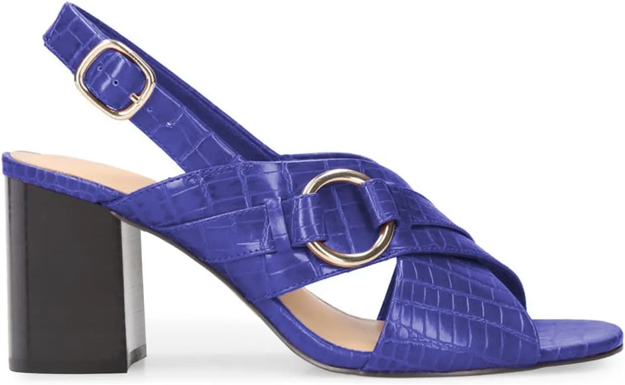 FOWT Crocodile Embossed Slingback Sandals for Women Open Peep Toe Pumps with Ankle Buckle Strap Backless Chunky Heels Faux Leather Spring Summer Beach Shoes Size 4-16 US