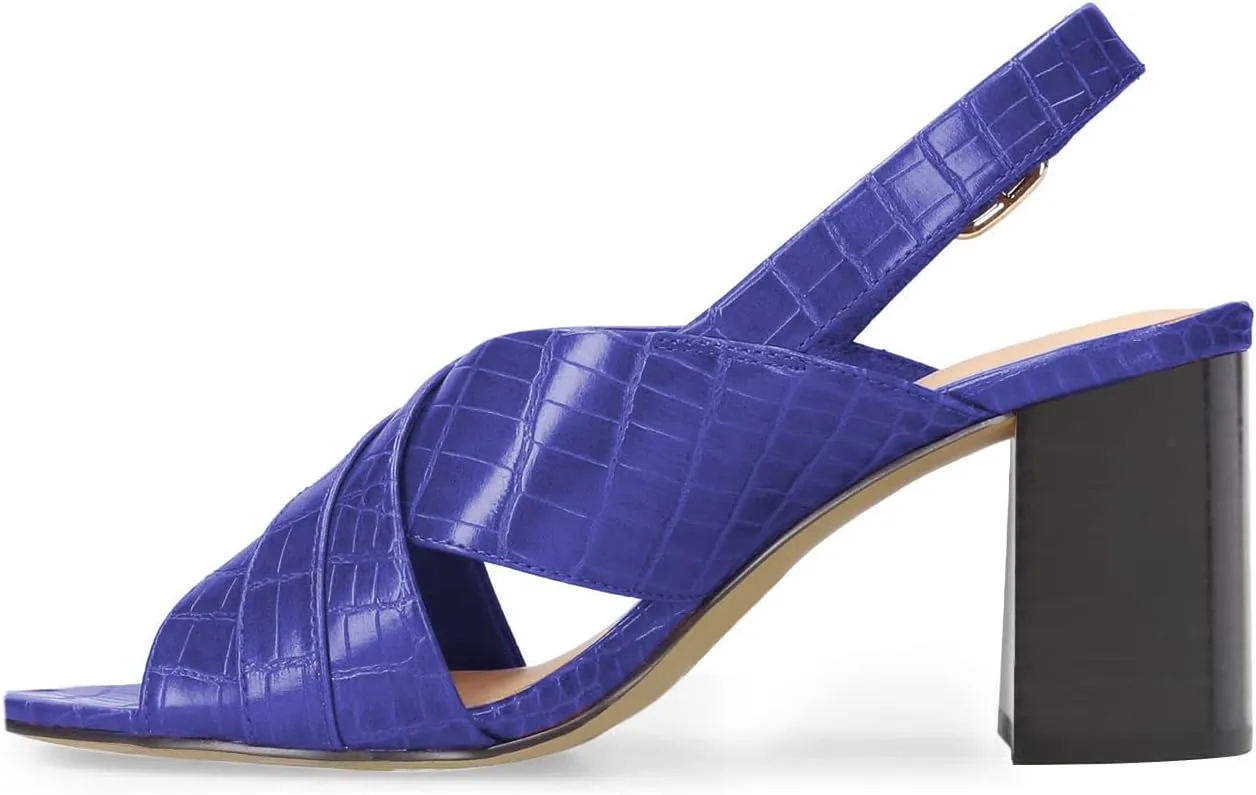 FOWT Crocodile Embossed Slingback Sandals for Women Open Peep Toe Pumps with Ankle Buckle Strap Backless Chunky Heels Faux Leather Spring Summer Beach Shoes Size 4-16 US