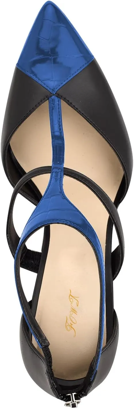 FOWT Fashion T-strap Zip up Cutout Two Tone Heeled Sandals Sexy Crocodile Leather Patchwork Ankle Strap High Stiletto Heels Novelty 4 IN Dress Street Show Black Pumps for Women, US Size 4-16 M