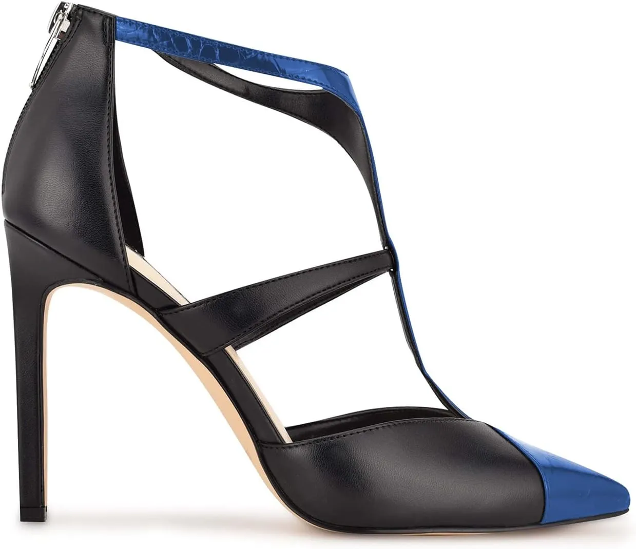 FOWT Fashion T-strap Zip up Cutout Two Tone Heeled Sandals Sexy Crocodile Leather Patchwork Ankle Strap High Stiletto Heels Novelty 4 IN Dress Street Show Black Pumps for Women, US Size 4-16 M