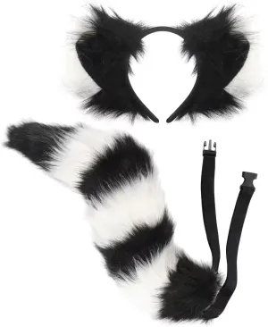 Fox Ears and Tail, Faux Fur Wolf Cat Raccoon Tail Ears Headband Cosplay Costume Accessory Set for Halloween Party