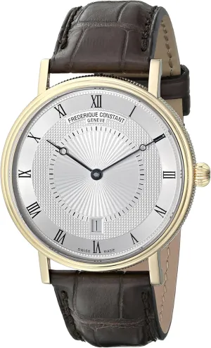 Frederique Constant Men's Slim Line Gold-Tone Stainless Steel Swiss Automatic Watch with Silver Dial and Brown Leather Band FC-306MC4S35