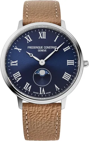 Frederique Constant Swiss Made Classic Quartz Moonphase Silver Stainless Steel Case Watch and Brown Leather Strap Blue Dial, Style:FC-206RN3S6
