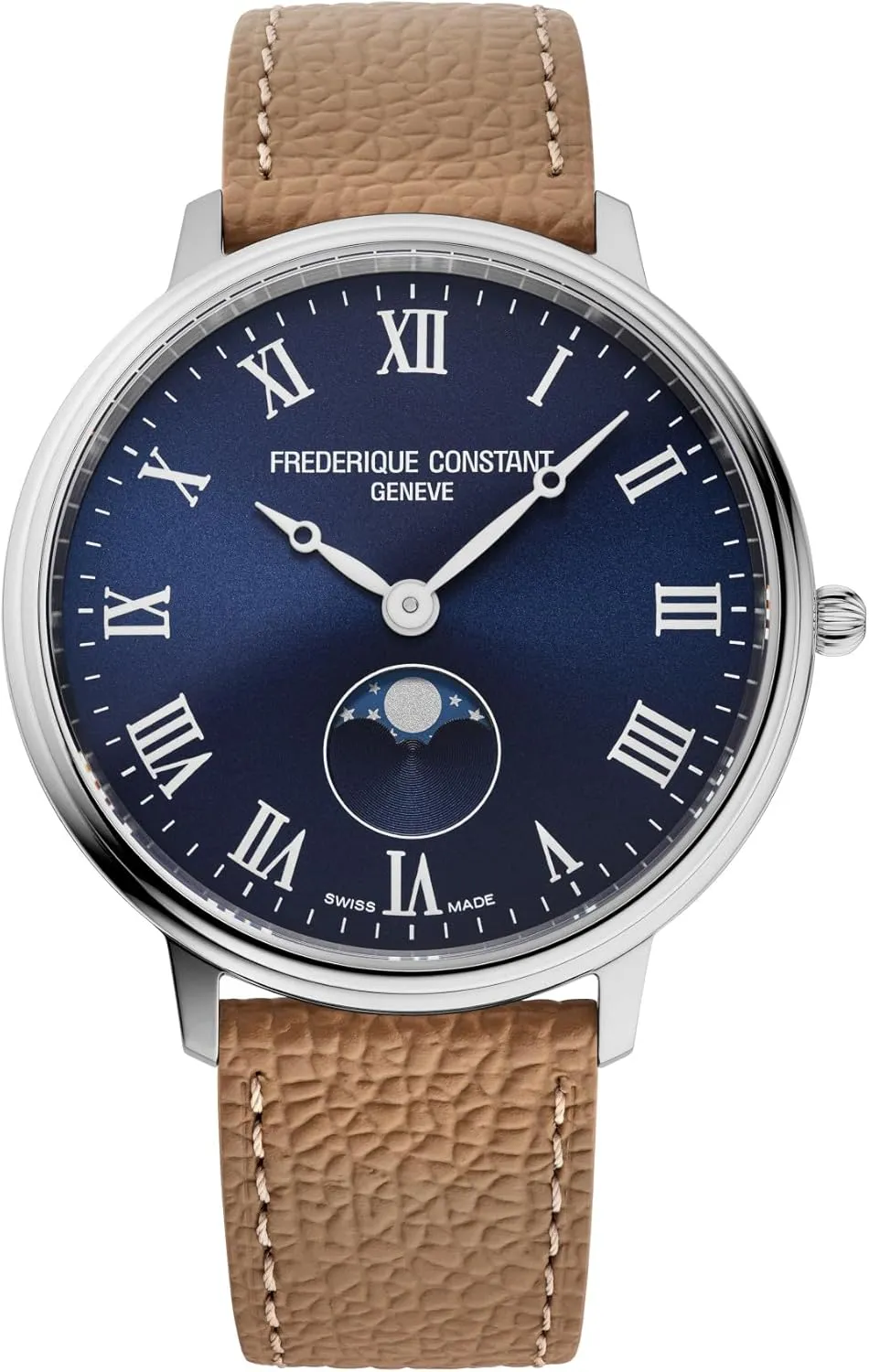 Frederique Constant Swiss Made Classic Quartz Moonphase Silver Stainless Steel Case Watch and Brown Leather Strap Blue Dial, Style:FC-206RN3S6