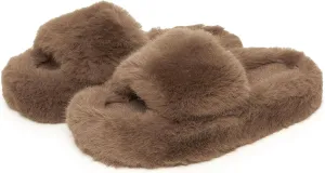 Funky Junque Women's Faux Fur Memory Foam Open Toe Slippers - Mother's Day Gift - with Non Slip Sole