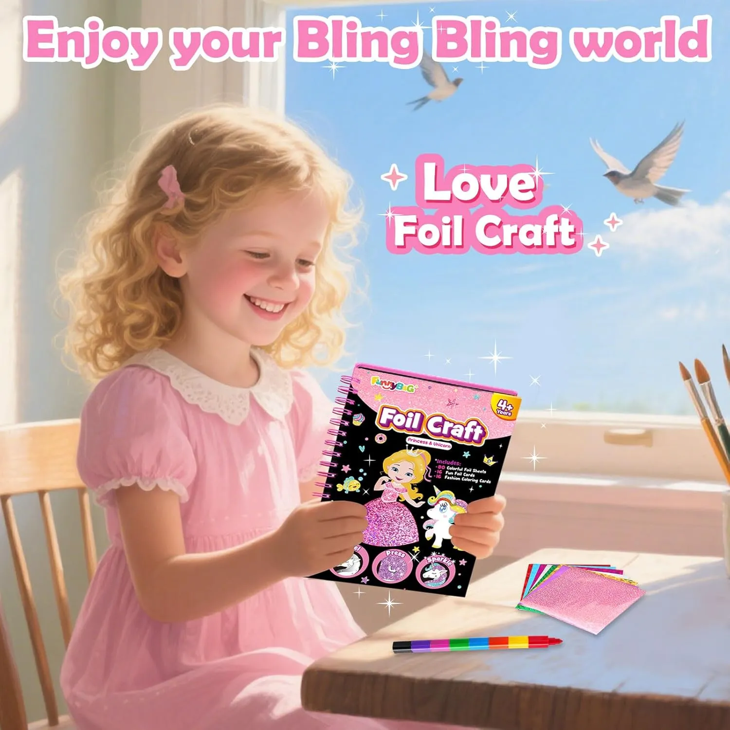 FUNNYB&G Foil Art Craft Activity for Kids - Gift for Girls Crafts for Kids Fun Art Supplies DIY Creative Travel Toy, Birthday Gift Party Favor Toys for Girls Boys 4 5 6 7 8 9 Years Old(Princess)