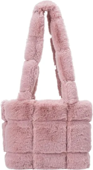 Furry Purse for Women, Plush Shoulder Handbag Faux Fur Bag Fluffy Tote Bag,Winter Quilted Puffy Tote Handbag