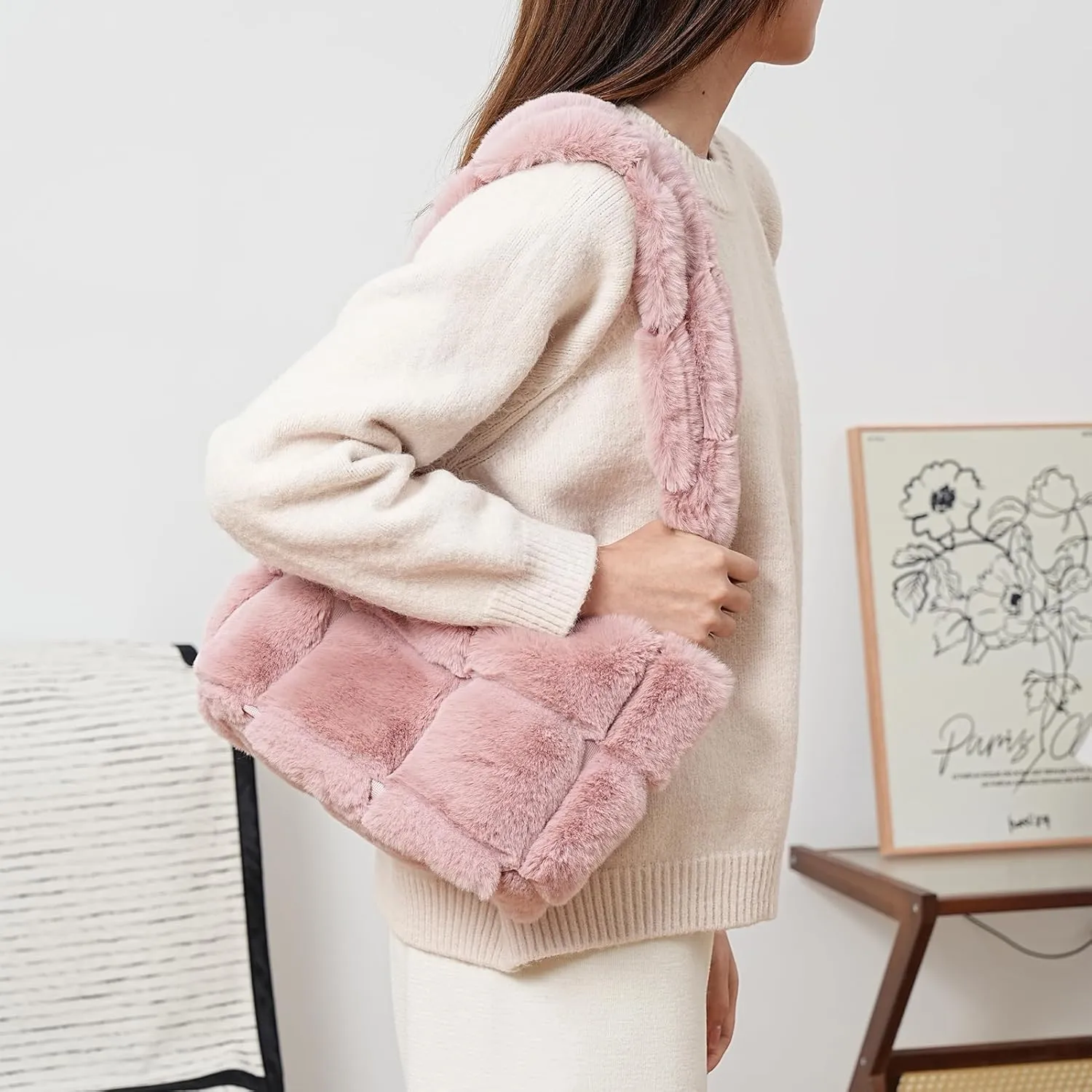 Furry Purse for Women, Plush Shoulder Handbag Faux Fur Bag Fluffy Tote Bag,Winter Quilted Puffy Tote Handbag