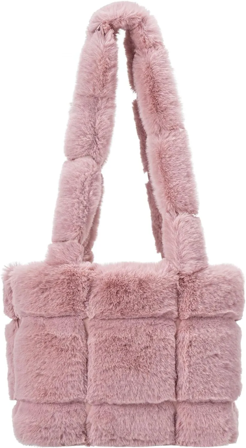 Furry Purse for Women, Plush Shoulder Handbag Faux Fur Bag Fluffy Tote Bag,Winter Quilted Puffy Tote Handbag