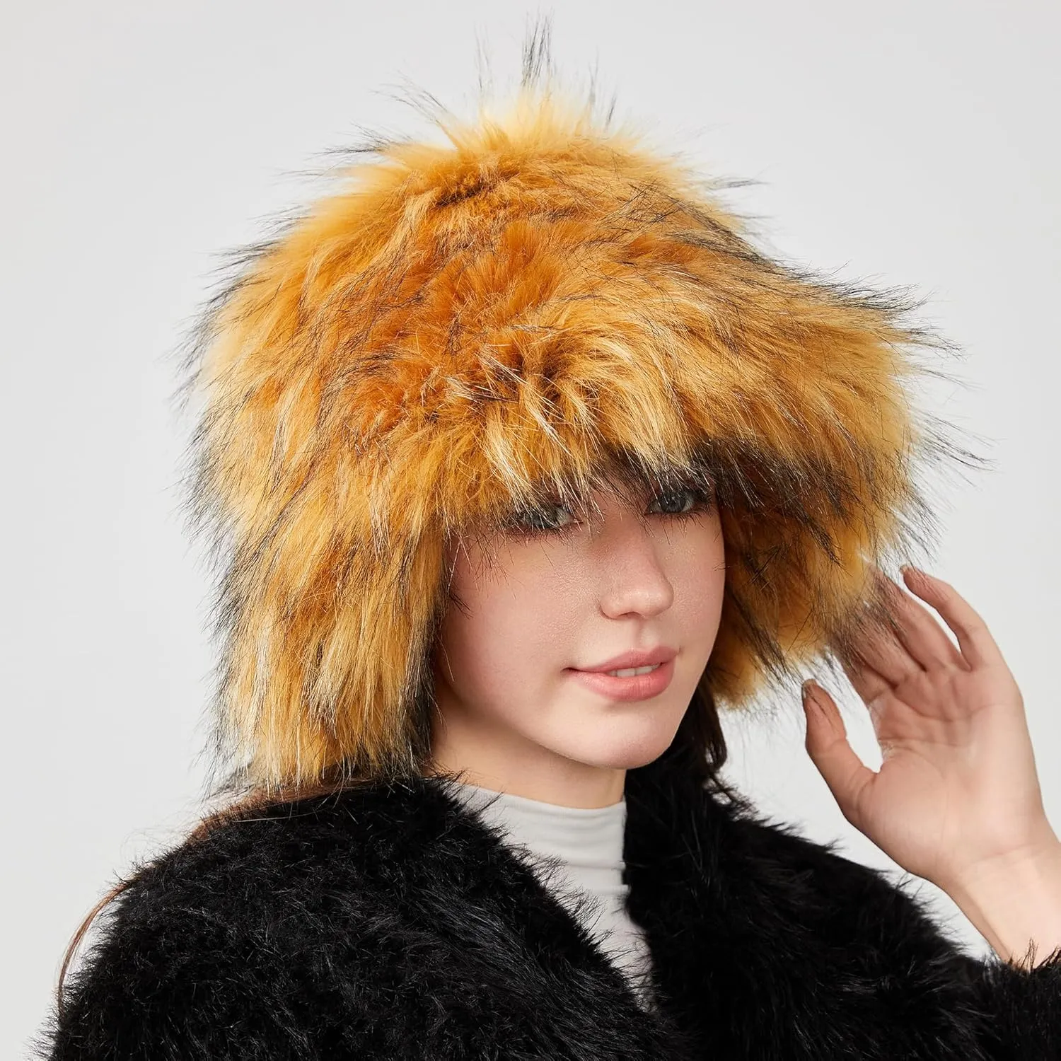 Fuzzy Bucket Hat for Women Winter Fluffy Furry Plush Faux Fur Hats Rainbow Cute Women's Bucket Hats